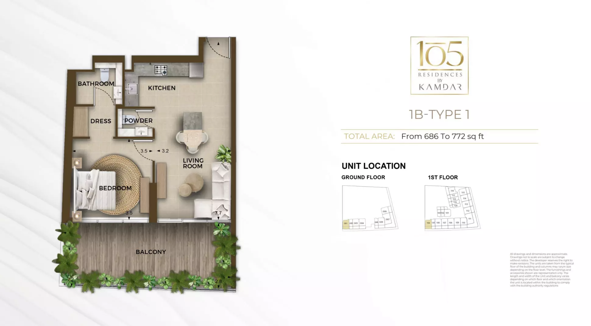 typeSize floor plan for 105 Residences