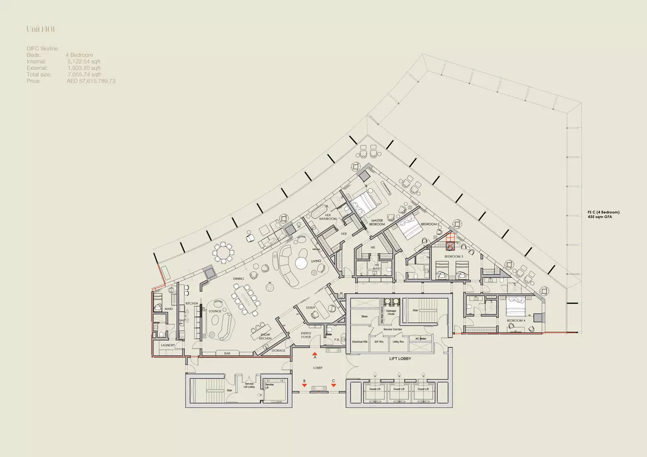 typeSize floor plan for Four Seasons Private Residences at DIFC