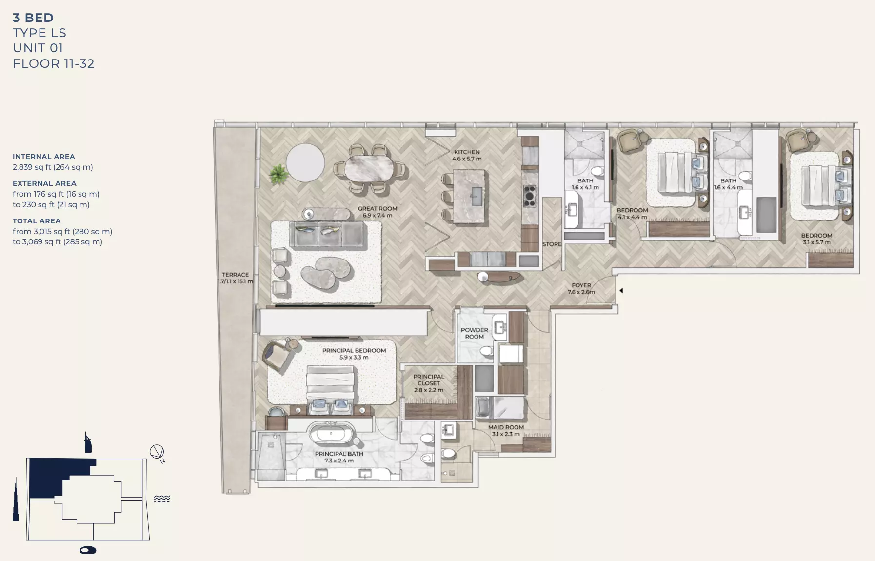 typeSize floor plan for Mr C Residences Downtown