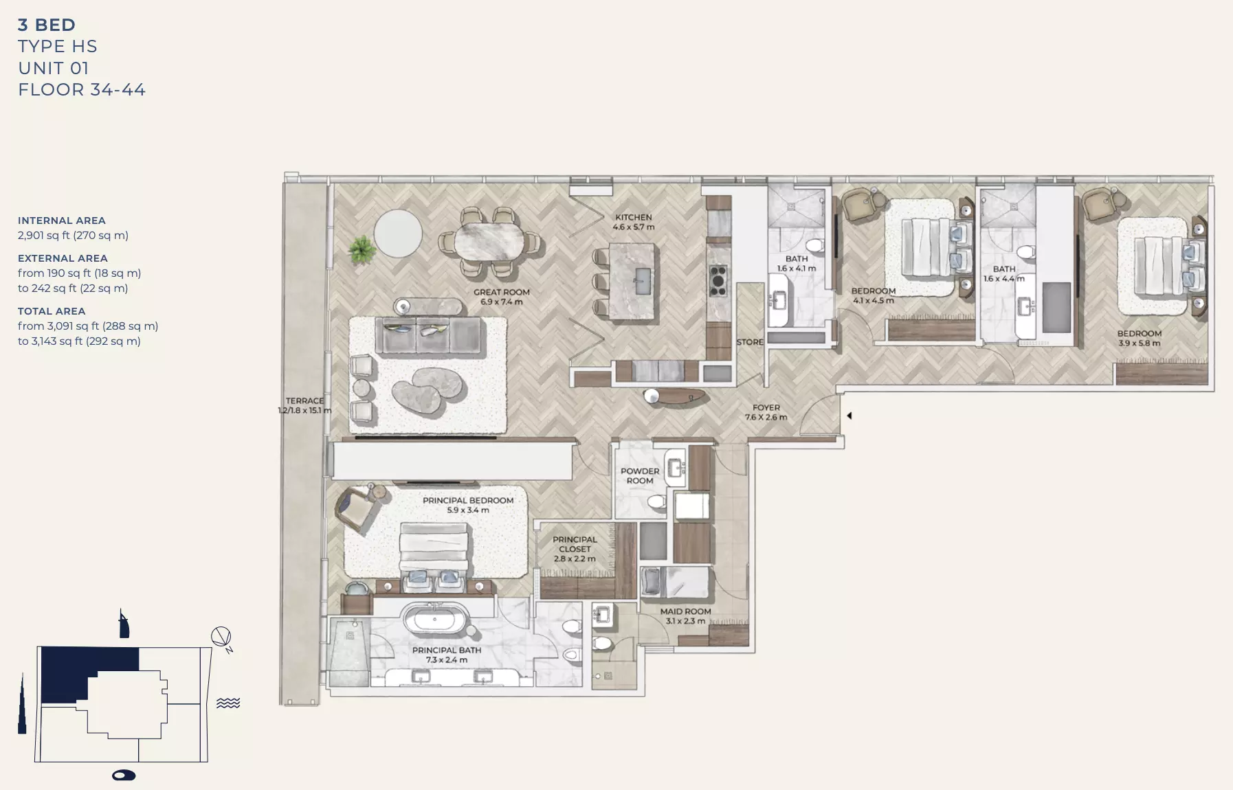 typeSize floor plan for Mr C Residences Downtown