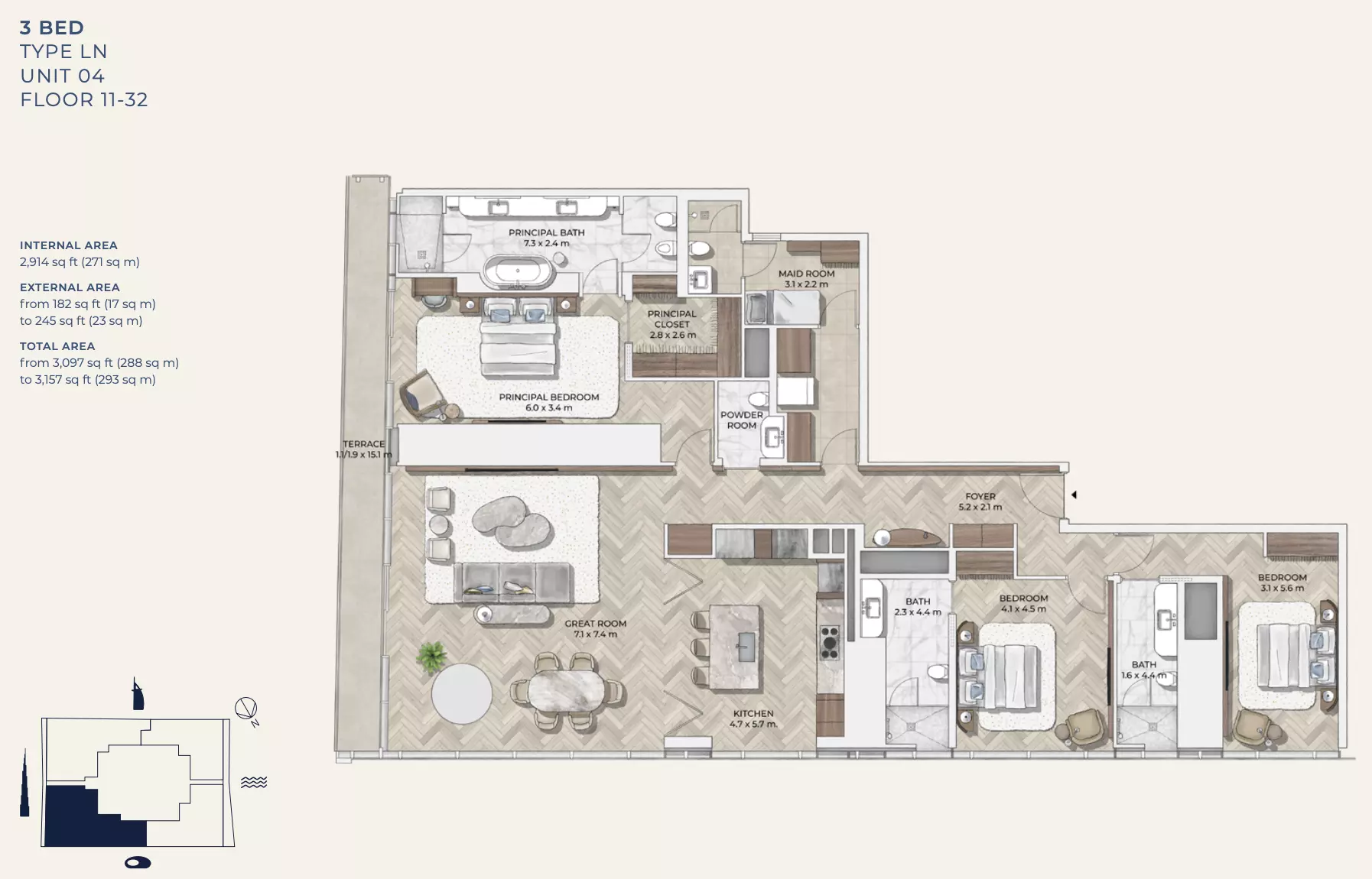 typeSize floor plan for Mr C Residences Downtown
