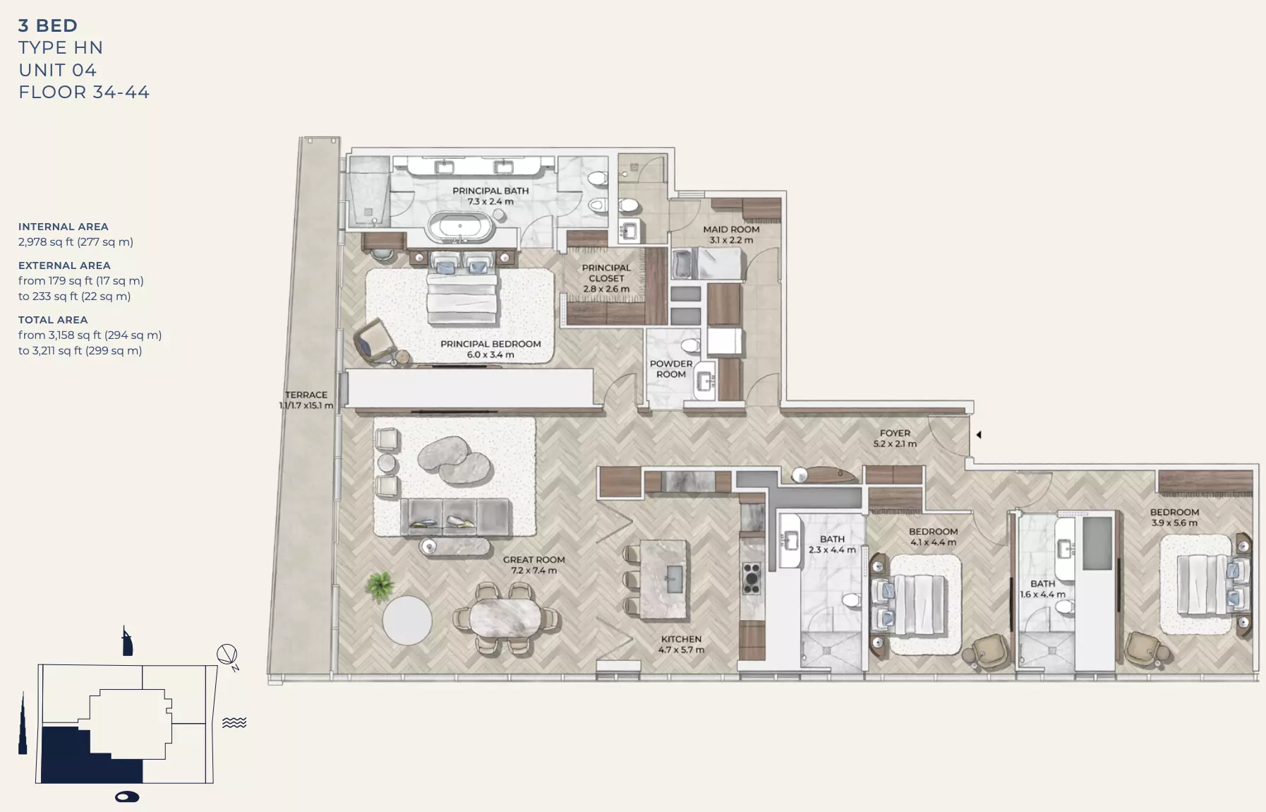 typeSize floor plan for Mr C Residences Downtown